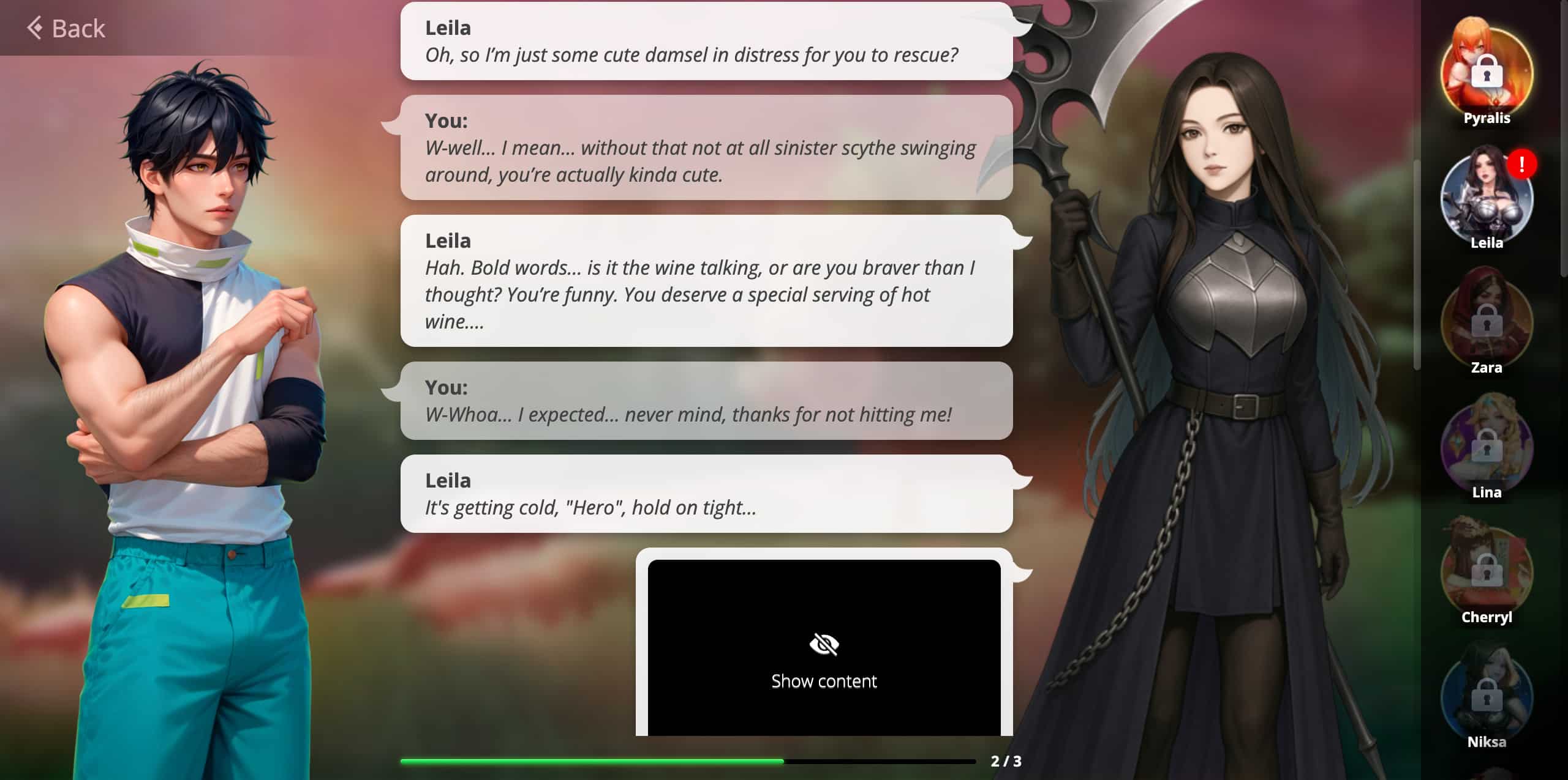 Chat conversation with Leila in Booty Heroes dating feature